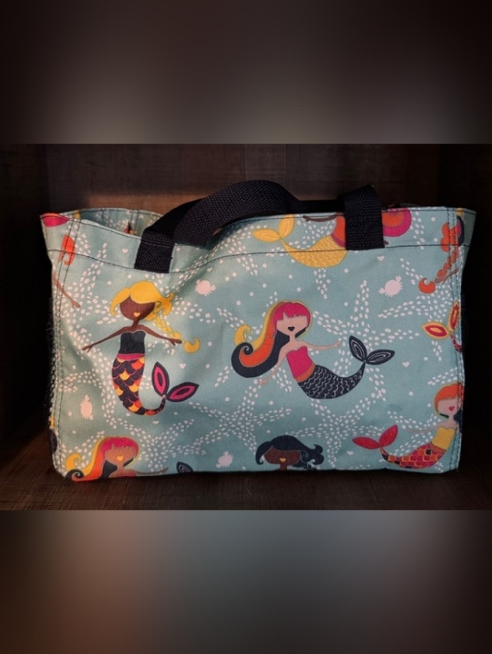 Thirty-One Mermaid Print Canvas Tote Bag in Aqua with Pink Accents